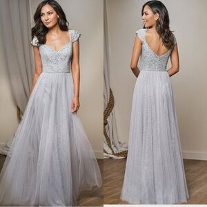 Belsoie | Gray Lace Soft Tulle Cap Sleeve Bridesmaid‎ Dress L204007 Plus Size 14